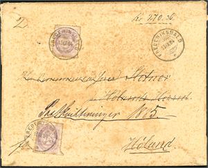 28. 50 øres innenlandsporto. To 25 øre skravert Posthorn på bankokonvolutt (Kr 270,36), stemplet "Frederikshald 15.9.84". Baksiden med to segl samt "Sydbanernes Postexp. Ø.L. 16.9.84". Brev og merker med aldersflekker.