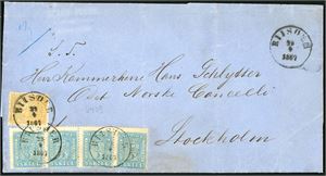 6,8. 18 skillings porto til Sverige. 2 skill og fire 4 skill på trippelvektig brevomslag til Stockholm, stemplet "Riisøer 29.4.1867".