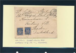 Nk 79 x2 på dobbeltvektig brev stemplet "BERGEN 10 V 08" til Freiburg, Tyskland