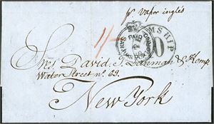 A complete letter from Puerto Rico to New York, with "San Juhan Puerto Rico My 14 1858" cds at reverse together with transitt-postmark "St Thomas My 16 1858". At front dobbelcircle postmark with crown "San Juhan Puerto Rico" and one American postmark "Steamship 10". Ex K Klugman.