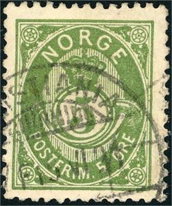 52 IV B. 5 øre 20 mm tagget 13 1/2 * 12 1/2, stemplet "Kristiania 15.6.91".