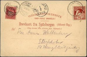 77,Spitsbergen nr 2. 10 øre posthorn på postkort, stemplet "Advent Bay Spitsbergen 22.7.98" og ved siden 20 øre Spitsbergenmerke, stemplet "Advent Bay 1998". Kortet er sendt til Stockholm.