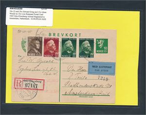 Oppfrankert 10øres brevkort sendt rekommandert med Nk 307, 314 x2 og 315 stemplet "OSLO ELISENBERG 30-10-45" TIL Amsterdam, Nederland. Ser ut til å ha kostet $25 på en annen auksjon/butikk