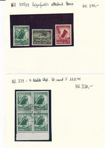 Nk 322-24 o. Serie Krigsforlis signert Aune + Nk 324 i 4-blokk stemplet "KRISTIANSAND S 23 5 44" (Hk 560)