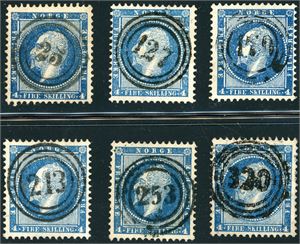 4. Seks 4 skilling Oscar, alle anert med nummerstempel. Bl.a. "170" (Laurdal i Jarlsberg), og "320" (Ullensager).