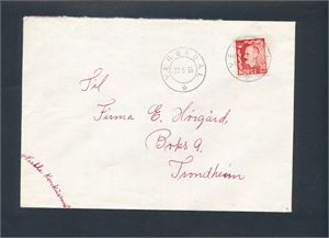 VESTFOLD Brev stemplet "VERGEDAL 23-5-55". Ankomststemplet "TRONDHEIM BUD 1 TUR 25.5.55"