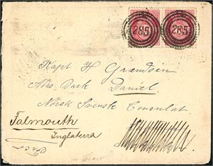 77. To 10 øre Posthorn på konvolutt, hvert merke annullert med 4-rings "285" (Sagesund, Dypvaag, AA), og sendt til Mexico, der brevet er omadressert til England. Baksiden med en rekke stempler, bl.a. "Tvedestrand 11.6.01".