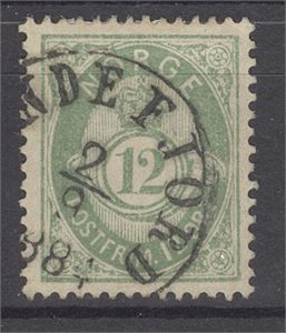 NK 44 12ø mattgrønn stemplet Sandefjord 2.9.1884.  Attest Hans J. Enger "Ekte"