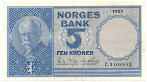 5 kroner 1957 Z.0109883 erstatningsseddel. Kv.01