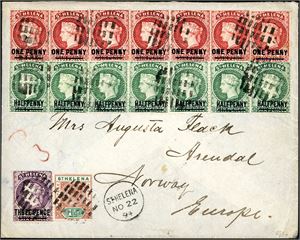 St.Helena. Seven Halfpenny and seven One penny together with one 3 d and one 1 1/2 d on envelope to Arendal, Norway, cancelled with grid, and "St. Helena No 22 94" cds at side. "London" and arrival postmark "Arendal 22.1294" at reverse.