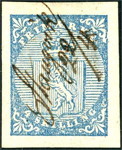 1. 4 skilling våpen 1855, anert med håndskrevet stedsnavn "Stangvik 22/4" (MR). Meget gode marger. Ex. Amundsen og Lundstrøm. Attest FCM.