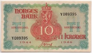 10 kroner 1944 Y.089395. London Utg. Kv.0/01