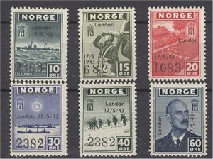 NK 333-338 Overtrykket "London 17/5-43.  Alle merker med hengselrest * (7.000.-)