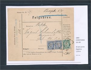 FØLGEBREV - POSTOPKRAV "CHRISTIANIA 18.1.1889" til Øvre Bø