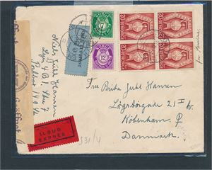 Nk 318 x4, 241 og 243 på nydelig sensur ilbrev stemplet "TRONDHEIM 23-8-43" til Danmark