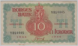 10 kroner 1944 Y.814445 London utg. Kv.0/01