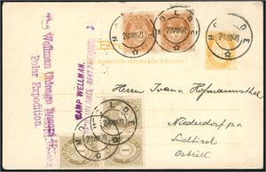 3 øre Brevkort, upfranked with three 1 øre- and two 2 øre Posthorn, cancelled "Molde 28.8.08". At the side private cachet "The Wellman Chicago Record Herald Polar Expedition" and "Camp Wellman, Danes Island, Spitzbergen", both in lilac. Also a postcard with pictures from "Virgo Havn and Wellmans Station Spitsbergen.