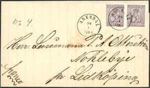 13. 6 skilling porto til Sverige. 3 skill 3 i horisontalt par på brevomslag til Lidköping, stemplet "Arendal 24.2.1869". God farge på merkene.