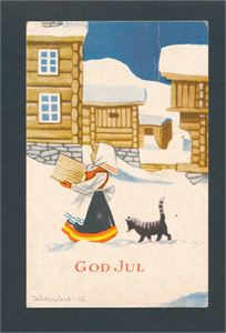 KUNSTNERKORT - AUKRUST Jente og katt på gårdstun (Mittet serie 2736). Stemplet "FLAKSVATN 24 XII 49" og returnert som ukjent