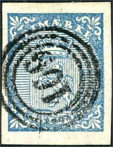 1. 4 skilling Våpen 1855, annullert med nummerstempel "109" (Hemnæs, NO, 8 pkt). Tre gode marger, normal i venstre side.