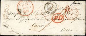DWI. Unfranked envelope, with "Paid AT St. Thomas" postmark, red "PD", "Paid 1857 AP 1 GB" in red and French "Angl. Amb. Calais 2Avril 57" on the front. On reverse one "St Thomas" postmark and 5 from France.
