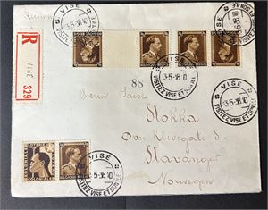 BELGIA Rekbrev stemplet "VISE 3-5-38" til Stavanger. Frankert både med tete-beche-par og reklamevedheng på 70c Leopold
