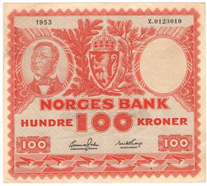 100 kroner 1953 Z.0123010. Erstatningsseddel. RR-seddel. Kv.1/1+