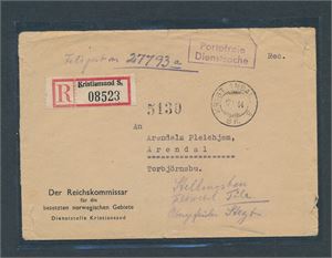 Rek portofritt feltpostbrev stemplet "KRISTIANSAND S 17-X-44" til Arendal. Feltpost 27793a, avsender Der Reichkommissar. Klaff mangler bak