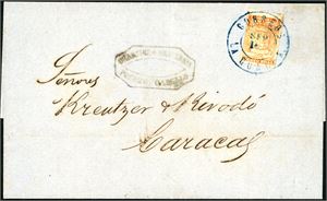 1. Venezuela. 1/2 Real orange on complete letter to Caracas, dated 13 Setb. 1862, cancelled "Correos La Guaira Sep 16 13" in blue. A few holes around the letters because the ink.