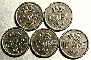 Lot med 5 stk. 10 øre 1958