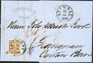 10. 24 skill på brevomslag til Langnau, stemplet "Arendal 27.10.1865". "Sandøsund" samt "Lübeck Th. & T." og "Langnau" på baksiden. Attest FCM.