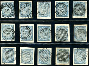 1. 15 stk 4 skilling Våpen 1855. Syv med riststempel, 5 med nummerstempel og 3 med datostempel. Stort sett gode marger.