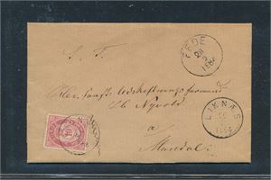 Enrings "LIKNÆS 28-2-1884" og transitt "FEDE" på brev. Ankomst "CHRISTIANSSAND 1-III-84" bak