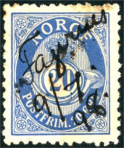 69. 20 øre grovtagget Knudsen, anert med håndskrevet "Fagernes 9/7 98" (Oppgitt til å være Fagernes i Ofoten).