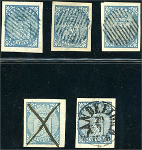 1. Fem 4 skilling Våpen 1855, hvor 2 med riststemple, en med blekkanering og en med datostempel.