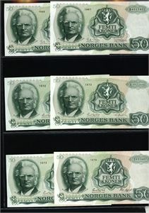 13 stk 50 kroner fra perioden 1966 til 1983. De fleste i 0 eller 0/01