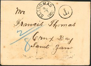 Unfranked envelope, with  "St. Thomas 9.7.1902" cds and  on reverse two 1 cent- and one 6 cent Postage Due, cancelled with the rare "St. Jan 15.7.1902".