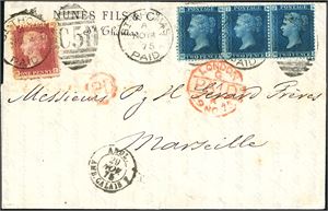 44,47. DWI. 7 d postage to France. One 1d (pl 140) and a horizontal strip of 3 og the 2d line engraved (pl 14) on complete cover to Marseille, cancelled "C 51, St. Thomas A No 11 75 Paid". London paid 29 No 75" and french "Angl. Amb. Calais" at side. At reverse "Paris A Marseile" and arrival postmark.