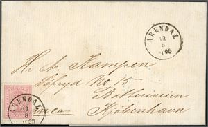 15 a. 8 skillings porto til Danmark. 8 skill 8 i rosa farge på komplett brev til Kjøbenhavn, stemplet "Arendal 12.8.1868". "Sandøsund", svensk jernbanestempel samt ankomststempel på baksiden.