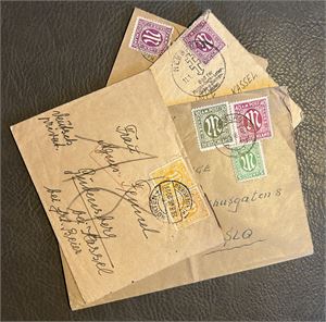AMERIKANSK-BRITISK ZONE 4 brev, et med rødt gebyrstempel. Et til Norge
