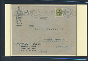 Nk 107 på rekbrev maskinstemplet "KRISTIANIA 15 XII 19" til Wiesbaden, Tyskland.