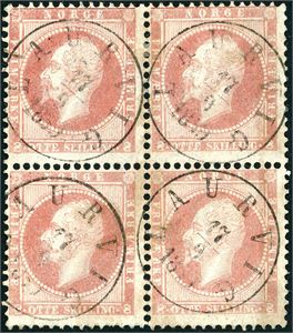 5. 8 skilling Oscar i 4-blokk, hvert merke stemplet "Laurvig 17.9.1859". Merkene er noe bleke.