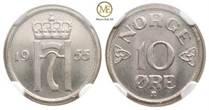 10 øre 1955 Haakon VII. Kv.0/prakt