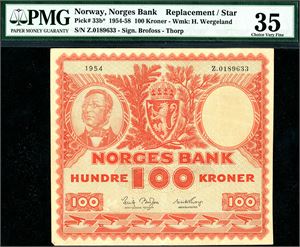 100 kroner 1954, serie Z.0189633. Erstatningsseddel. PMG 35