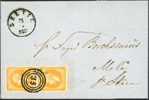 2. 2 skilling Oscar i vertikalt par på brevomslag, annullert med nummerstempel "35", og ved siden stemplet "Brevig" i 1859.