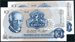 Fire stk 10 kroner 1979, serie HR, HS, HZ og HØ. Erstatningssedler. 3 stk 0 og en 1+