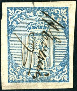 1. 4 skilling Våpen 1855, annullert med håndskrevet navn "H. Evensen". Gode marger i alle sider. I Gjelsvik sin bok omtales annulleringen som "Earliest recorded, but not reconfirmed to the auther". Antagelig unikat.