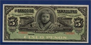 MEXIKO 5 pesos Banco de Tamaulipas 1911, liten blyertsanteckning, fräsch!