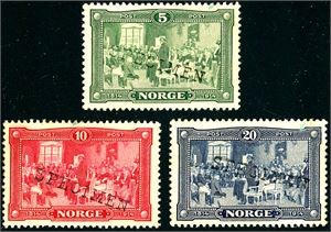 114/116. Eidsvoldjubileum i komplett serie, alle med overtrykk "Specimen".