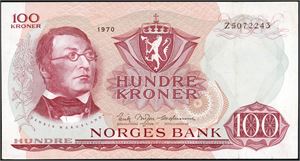 100 kroner 1970, serie Z 5072243. Erstatningsseddel. 5-mill. 1+